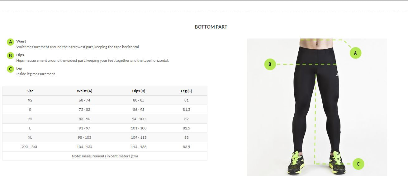 Joma Size Guide - Shorts/Pants