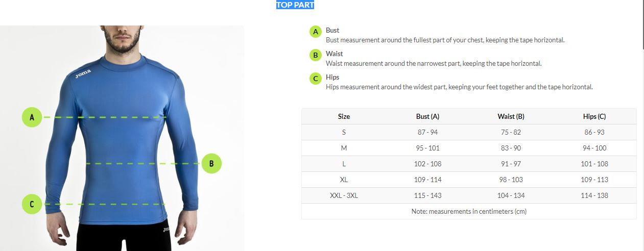 Joma Size Guide - Top