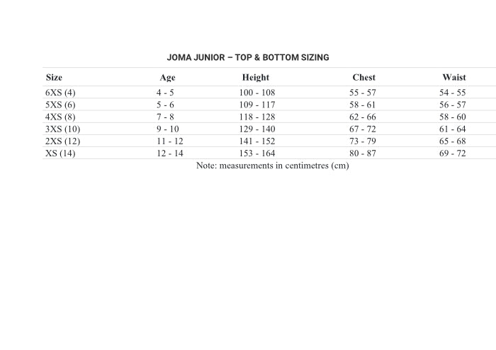 Joma Junior Sizing